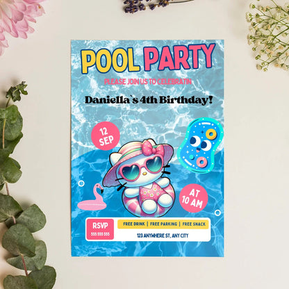 Kawaii Kitty Pool Birthday Party Invitation Template CreativeRino