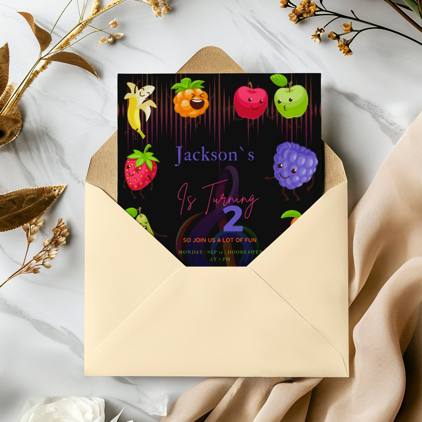 Hey Bear Dancing Fruit Birthday Invitation Template - CreativeRino