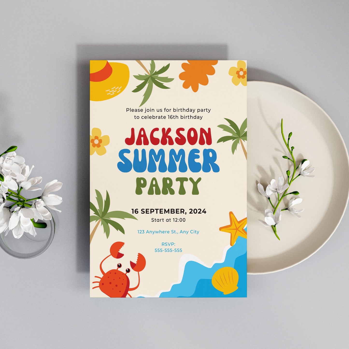 Summer Birthday Party Invitation | Summer Party Theme Invite Canva Template CreativeRino