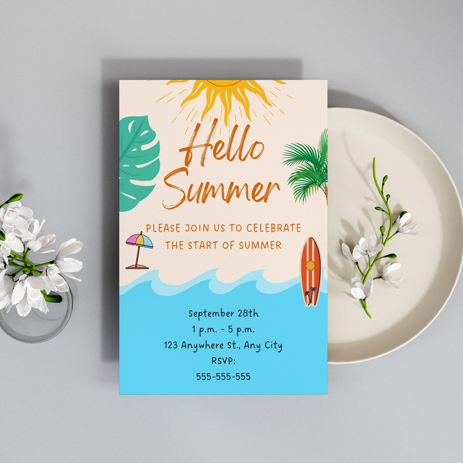 Hello Summer Party Invitation | Hello Summer Theme Invite Canva Template CreativeRino