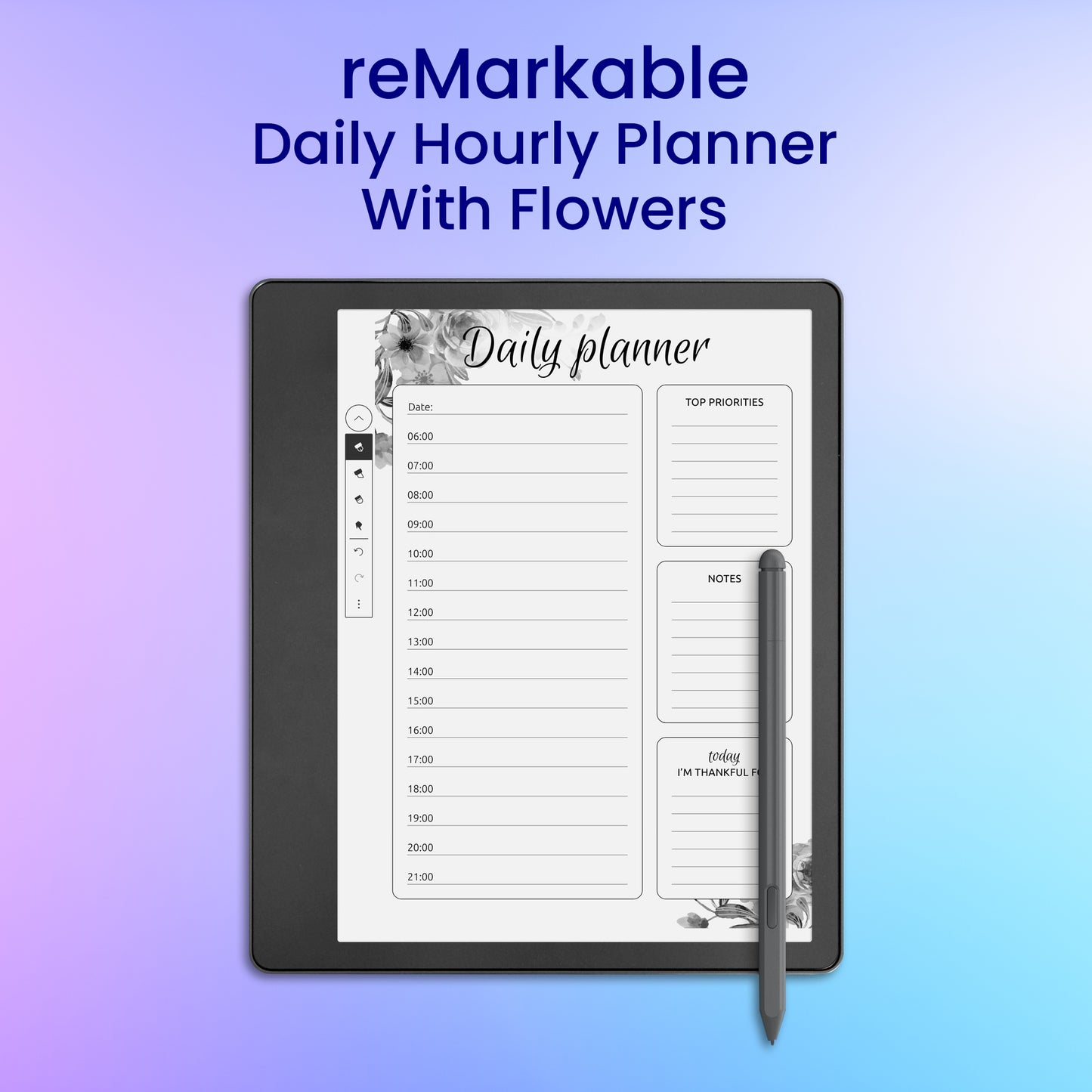 reMarkable 2 Daily Hourly Planner With Flowers Planner Template