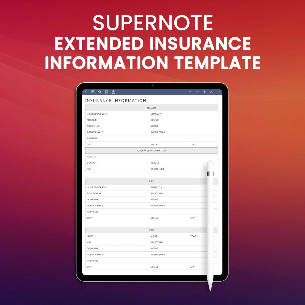 Sandy Notes Insurance Supernote Extended Insurance Information Template Planner Template ...