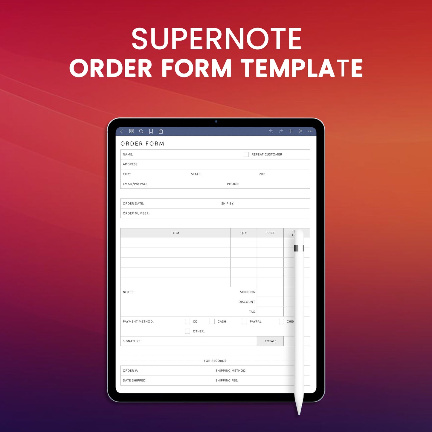 Supernote Order Form Template Planner Template