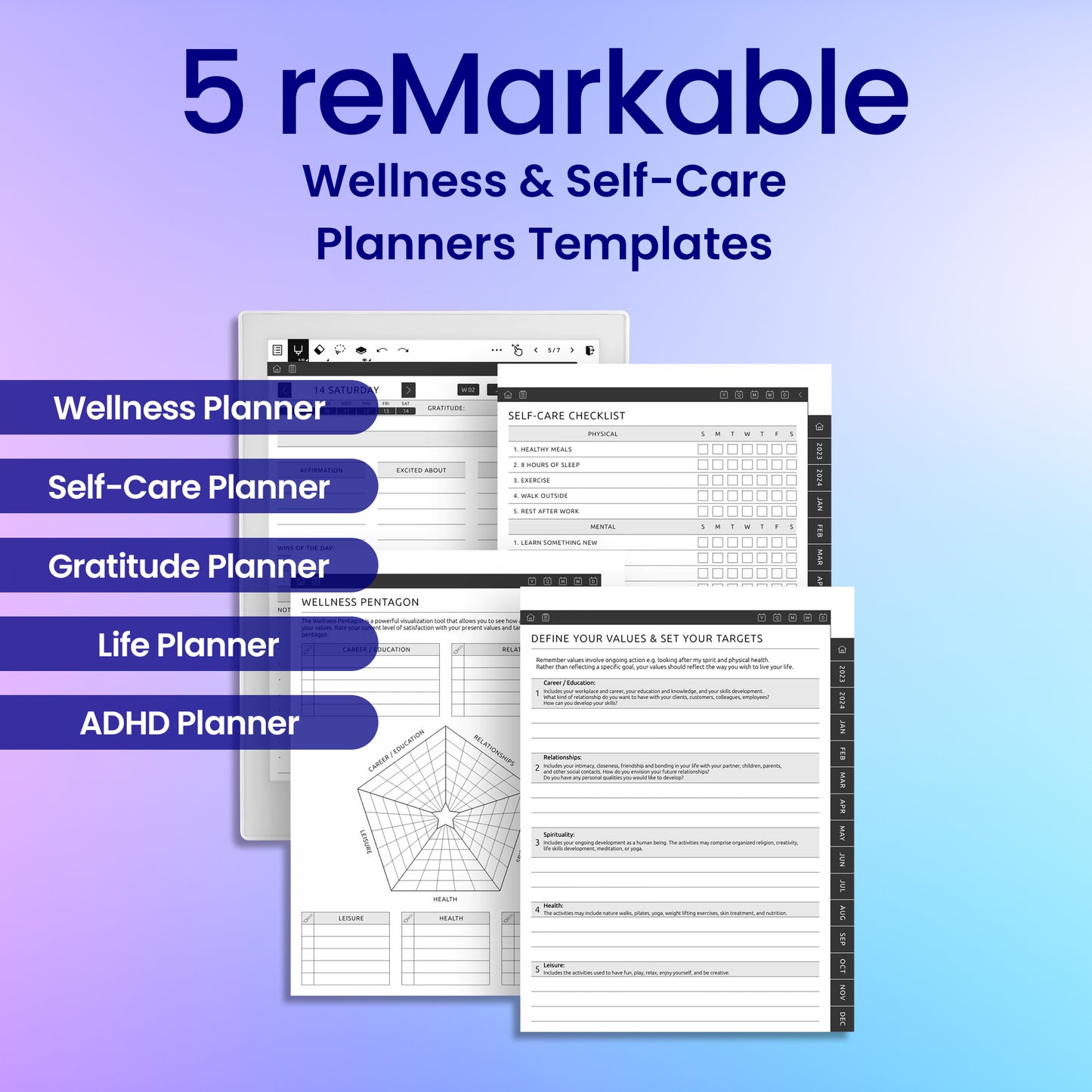 5 reMarkable 2 Wellness & Self-Care Planners Template Bundle