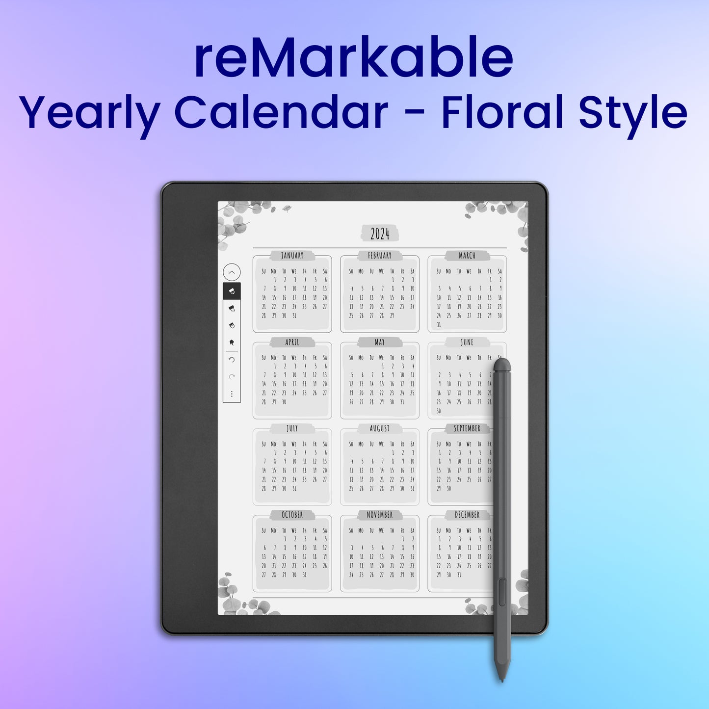 reMarkable 2 Yearly Calendar - Floral Style Planner Template