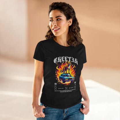 Cool Car and Cheetah Graphic Women's Tee Midweight Cotton T-shirt - CreativeRino