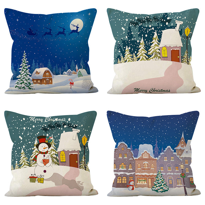 Linen Christmas Pillow Cover | Snowman & Tree Print Decorative Cushion for Sofa/Bed eprolo