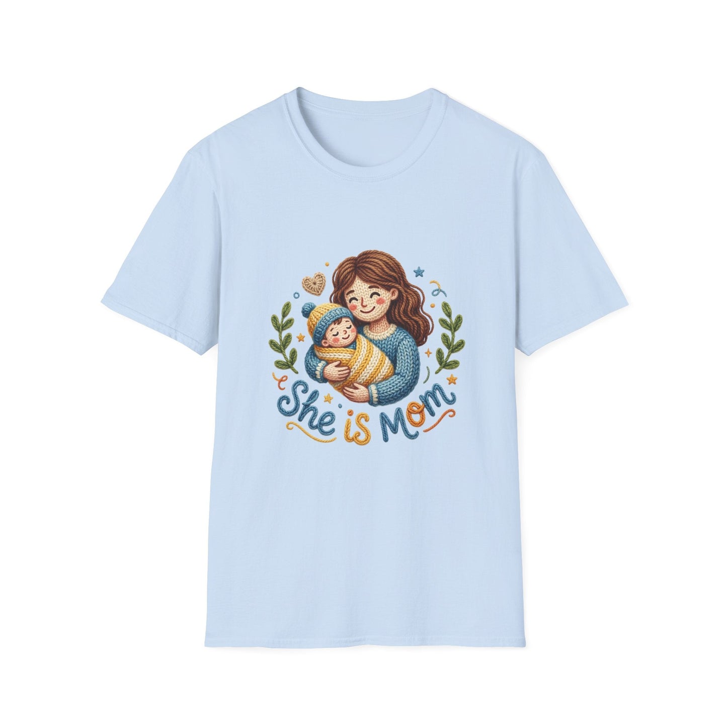 She Is Mom T-Shirt — Cute Mom & Baby Illustration, Mother’s Day Gift Tee Printify