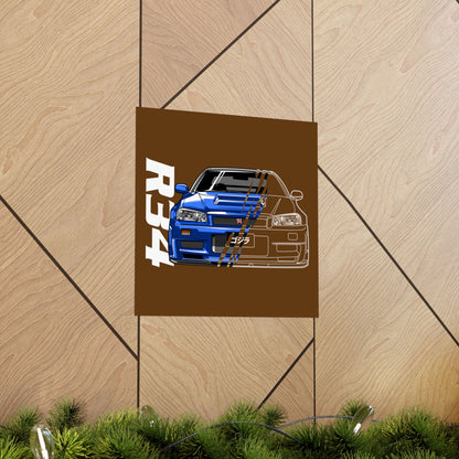 R34 Skyline Matte Square Poster - Car Enthusiast Wall Art, Automotive Decor, Gift for Gearheads - CreativeRino