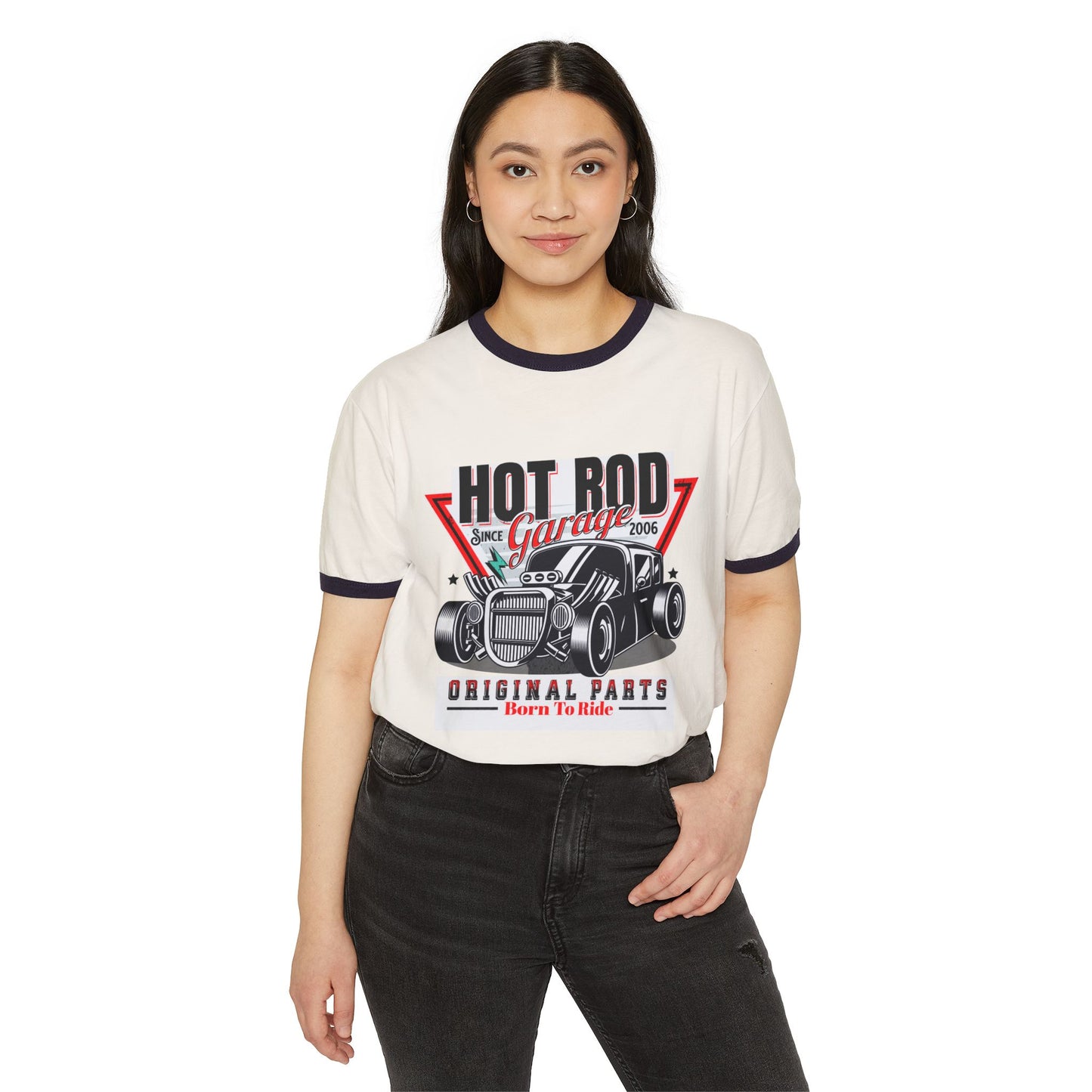 Hot Rod Garage Unisex Cotton Ringer T-Shirt - Born To Ride Vintage Tee - CreativeRino