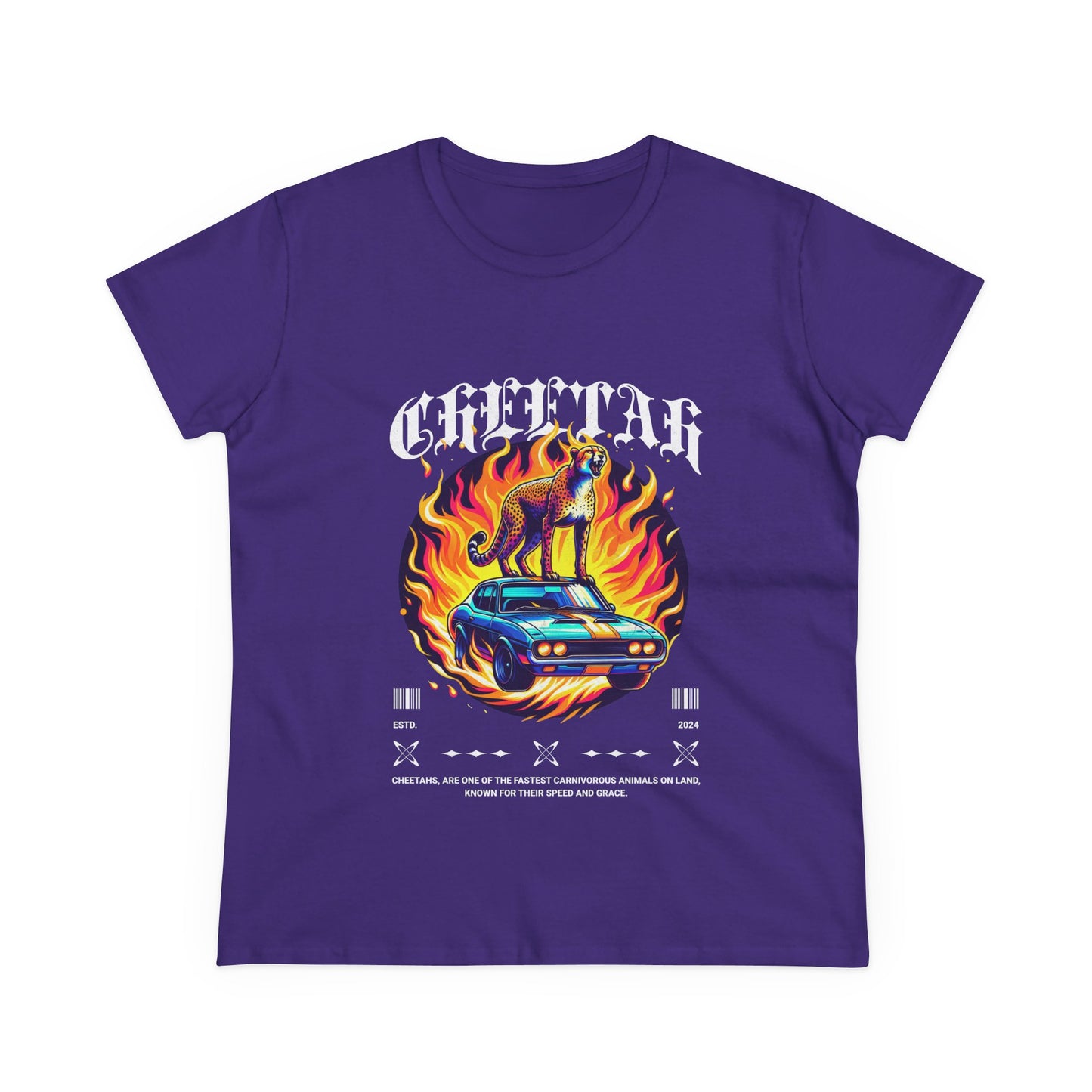 Cool Car and Cheetah Graphic Women's Tee Midweight Cotton T-shirt - CreativeRino