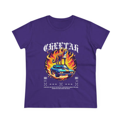 Cool Car and Cheetah Graphic Women's Tee Midweight Cotton T-shirt - CreativeRino