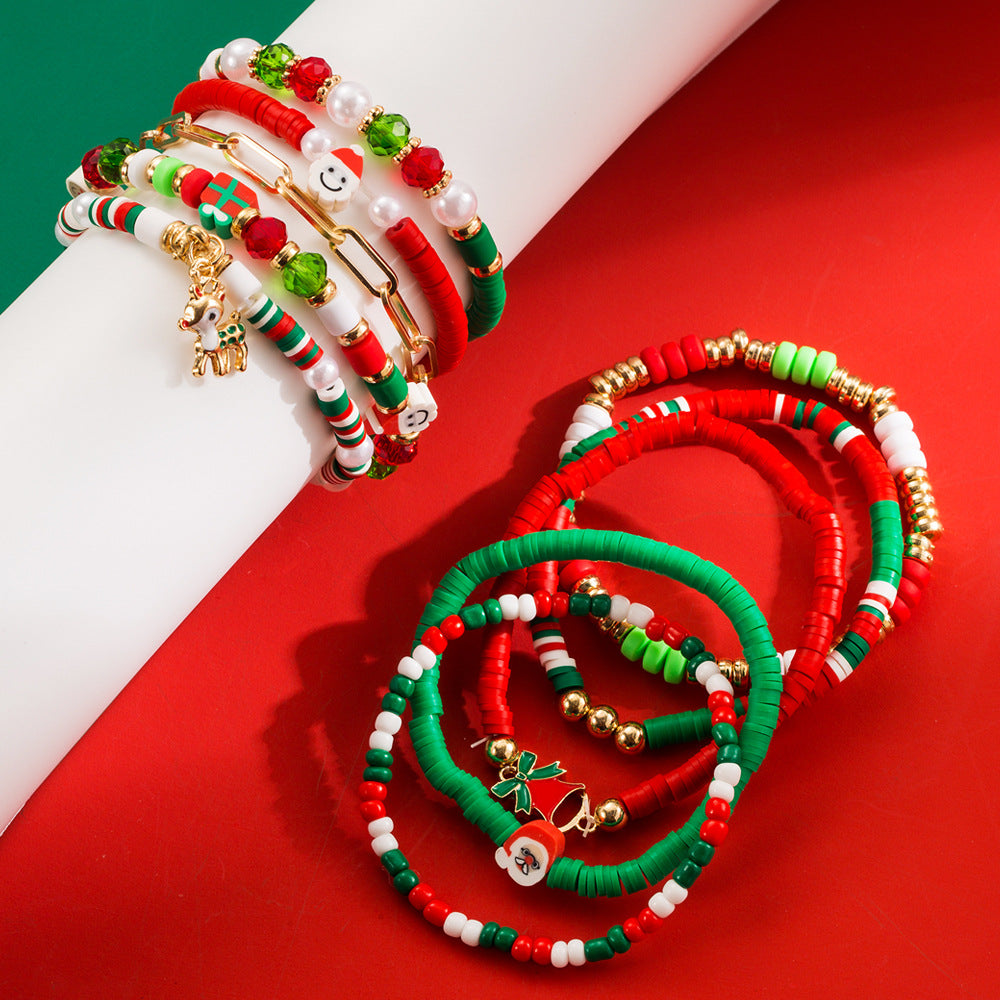 Christmas Bracelet Set | Colorful Soft Ceramic Beads with Alloy Elk & Bell Charms | Festive Women's Jewelry Gift eprolo