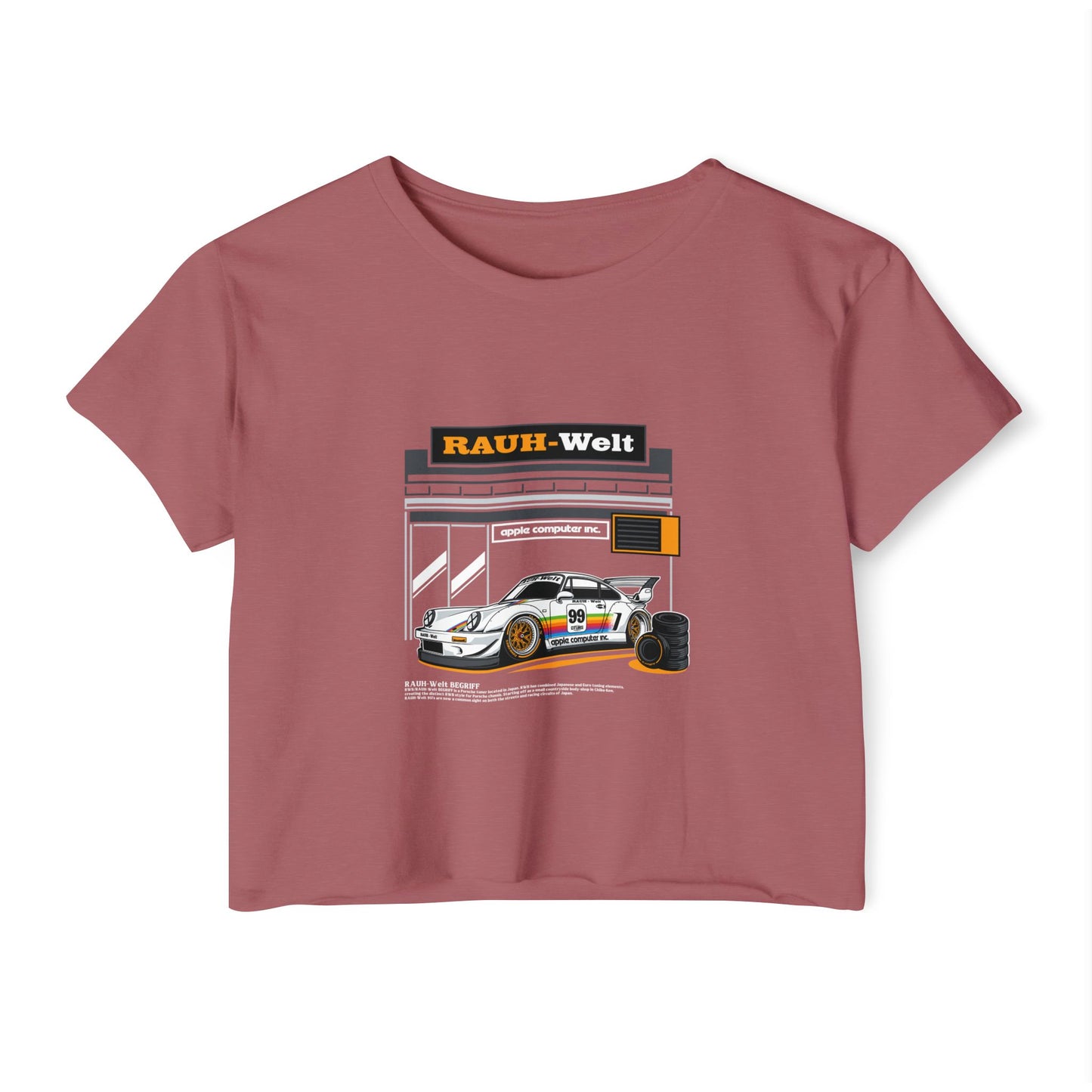 Rauh-Welt Women's Festival Crop Top - Stylish Orange Graphic T-shirt for Car Enthusiasts - CreativeRino
