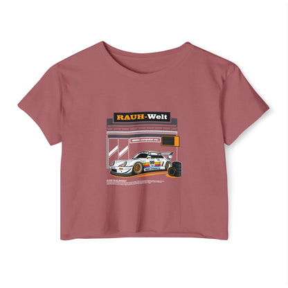 Rauh-Welt Women's Festival Crop Top - Stylish Orange Graphic T-shirt for Car Enthusiasts - CreativeRino