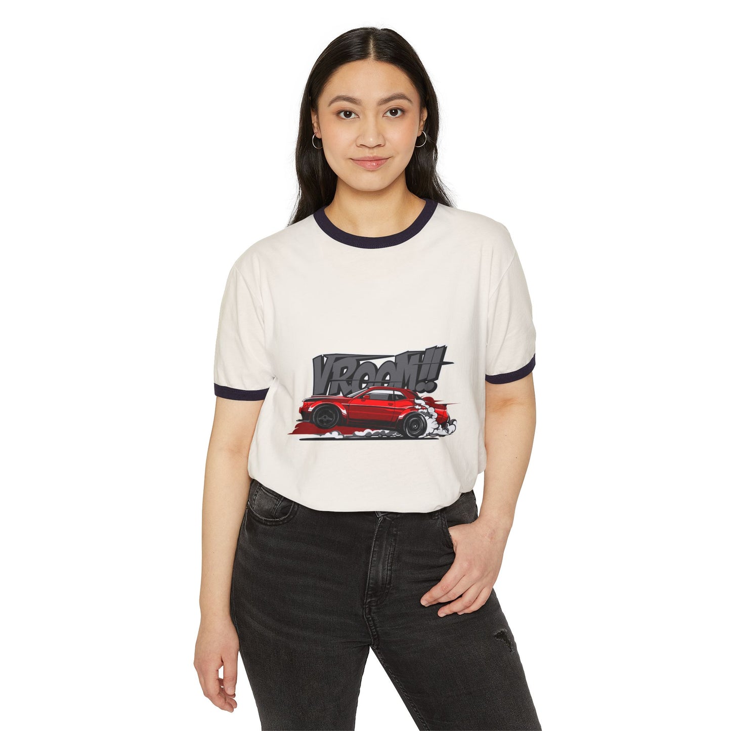 Vroom! Unisex Cotton Ringer T-Shirt for Car Enthusiasts - CreativeRino