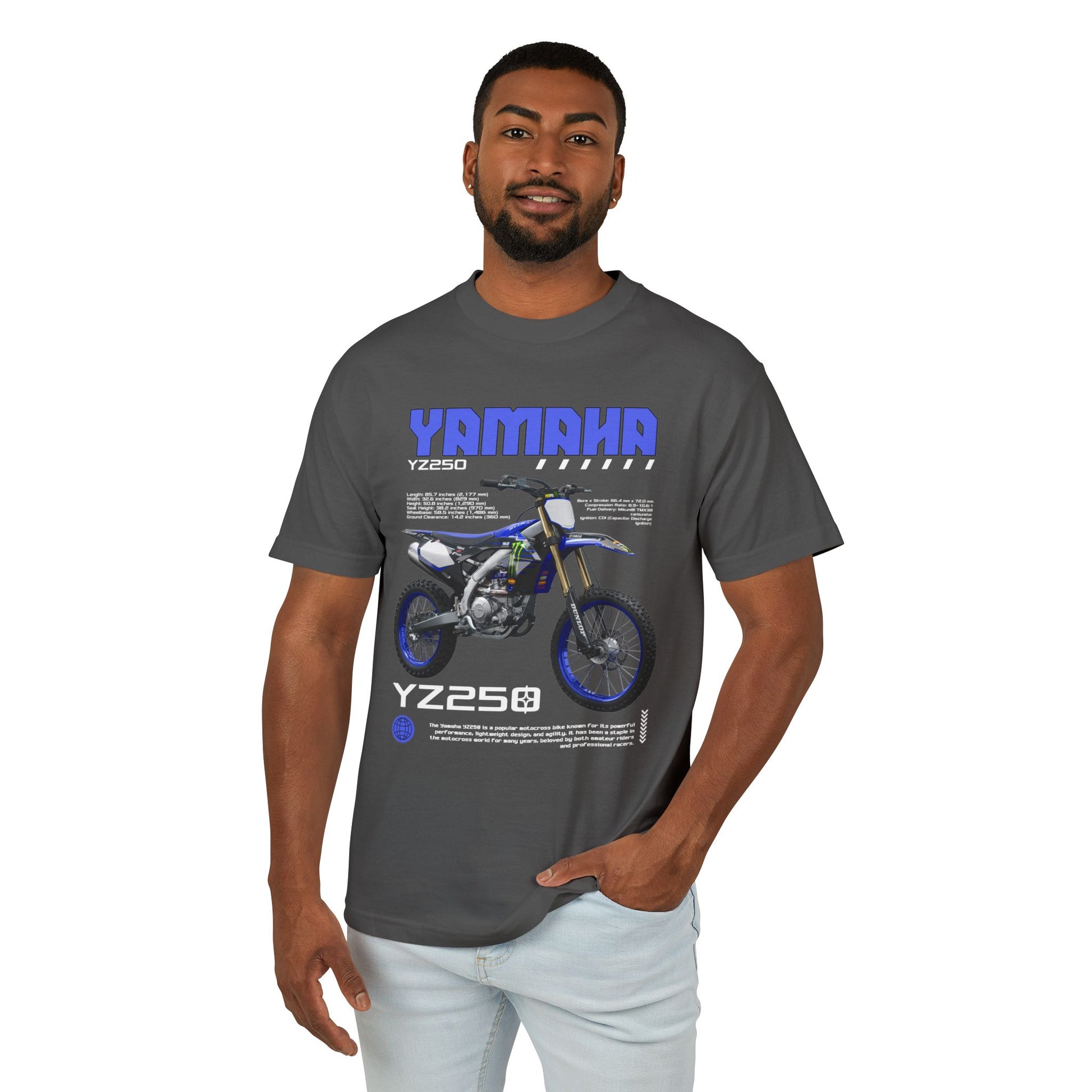 Yamaha YZ250 Heavyweight Cotton Tee - Motorcycle Graphic T-Shirt for Bikers - CreativeRino