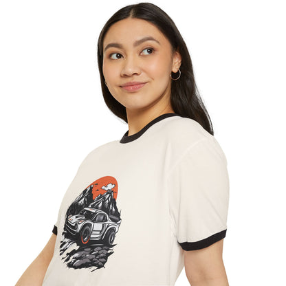 Vintage Car Adventure Unisex Cotton Ringer T-Shirt - Retro Mountain Graphic Tee - CreativeRino