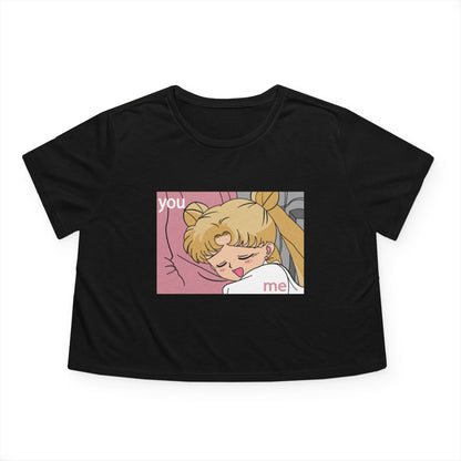 Cute Women's Flowy Cropped Tee - 'You & Me' Graphic, Sailor Moon Perfect T-shirt for Cozy Days and Casual Outings - CreativeRino