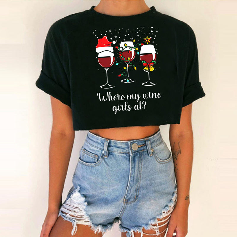 Spicy Girl Christmas Crop Top T-Shirt | INS Style Short Sleeve Round Neck | Trendy Festive Night Out Basic eprolo