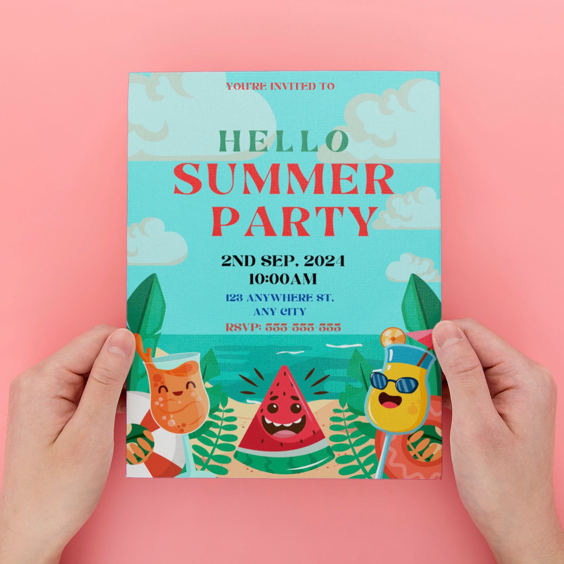 Hello Summer Party Invitation Canva Template | Hello Summer Theme Invite CreativeRino