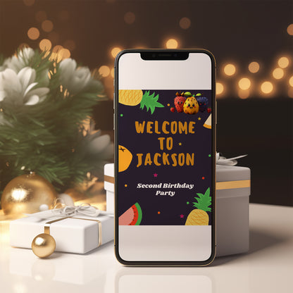 Hey Bear Dancing Fruit Birthday Welcome Sign Template - CreativeRino