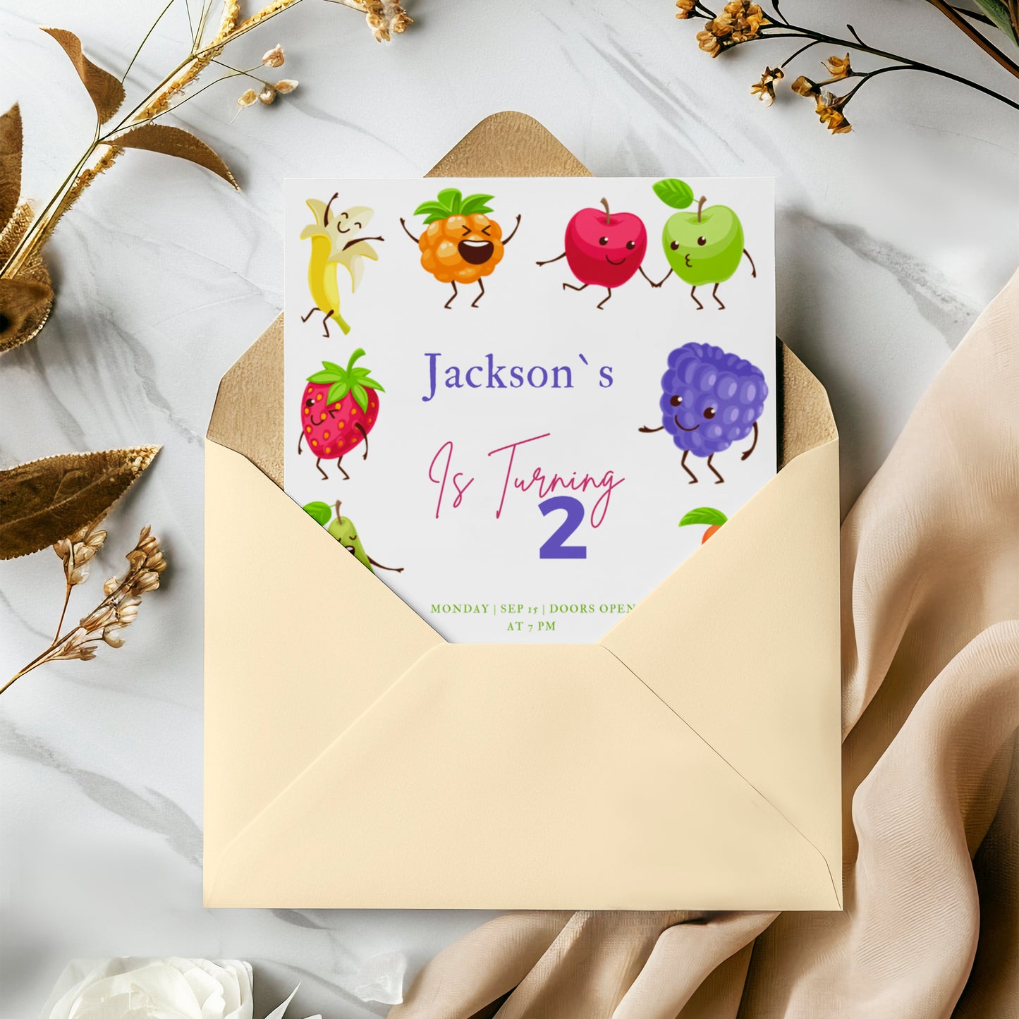 Hey Bear Dancing Fruit Birthday Invitation Template