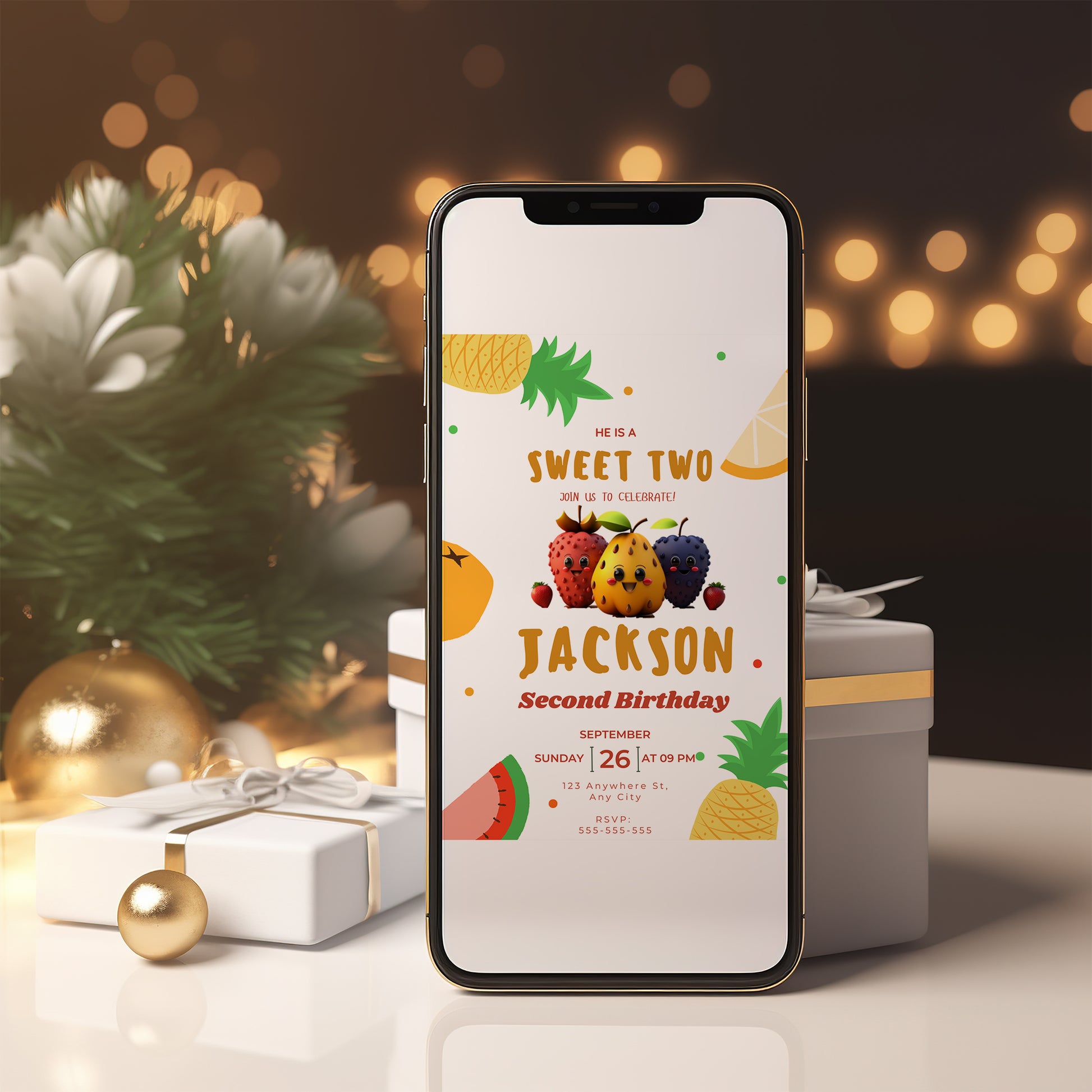 Hey Bear Dancing Fruit Birthday Invitation Template - CreativeRino