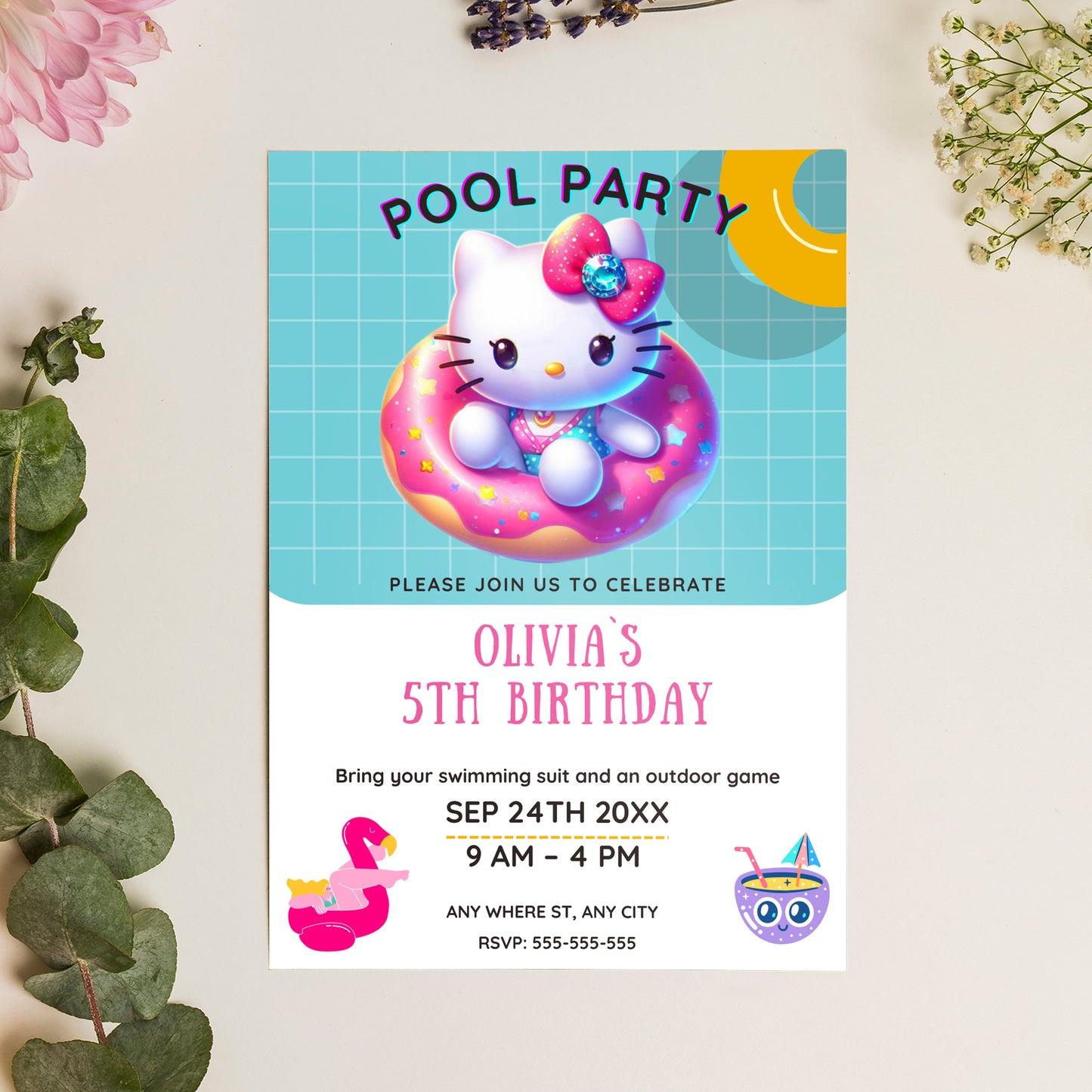 Kawaii Kitty Pool Birthday Party Invitation Template