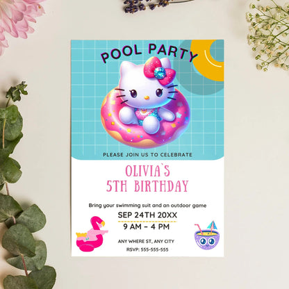 Kawaii Kitty Pool Birthday Party Invitation Template CreativeRino