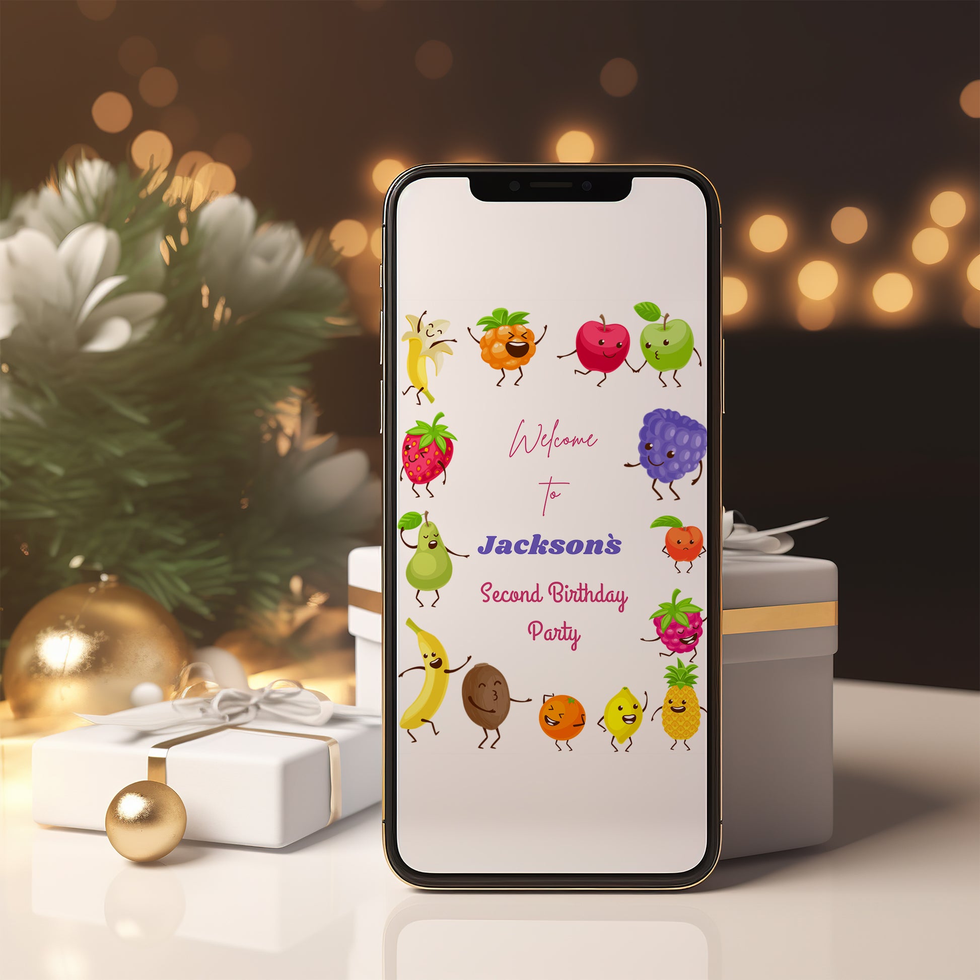 Hey Bear Dancing Fruit Birthday Welcome Sign Template - CreativeRino