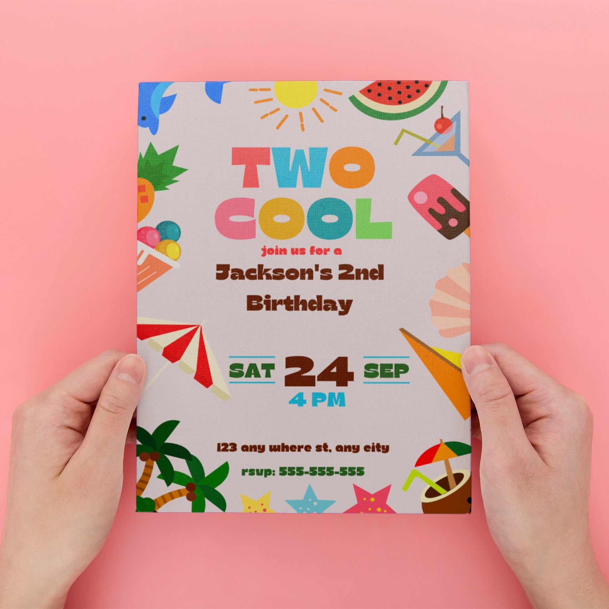 Two Cool Birthday Party Invitation | Two Cool Summer Invite Canva Template CreativeRino
