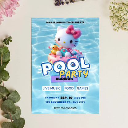 Kawaii Kitty Pool Birthday Party Invitation Template CreativeRino