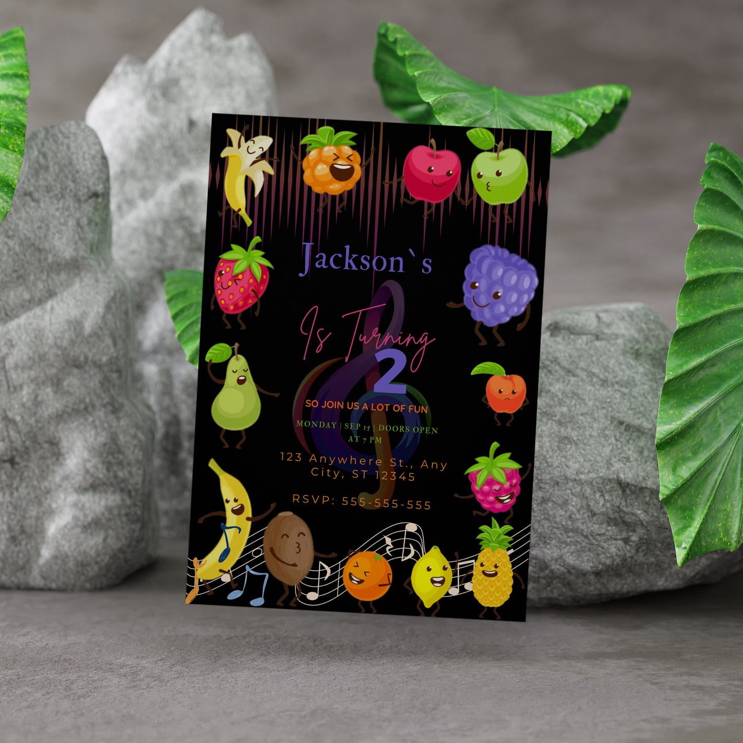 Hey Bear Dancing Fruit Birthday Invitation Template - CreativeRino
