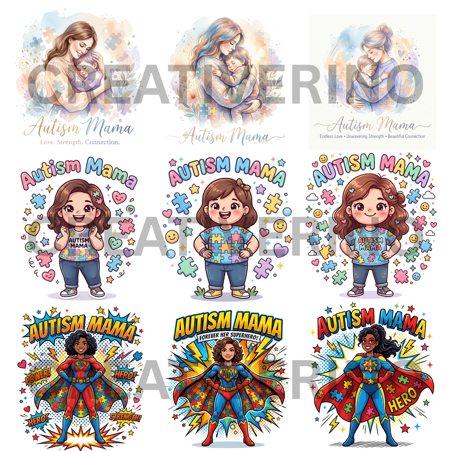 Autism Mama PNG | Autism Awareness | Superhero Cartoon Aesthetic Retro Groovy 70s-style Coquette Faux Yarn Preppy Puzzle Trendy Designs CreativeRino