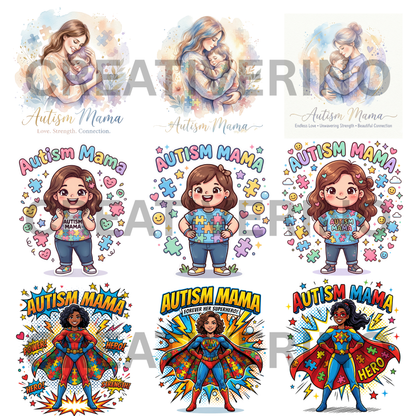 Autism Mama PNG | Autism Awareness | Superhero Cartoon Aesthetic Retro Groovy 70s-style Coquette Faux Yarn Preppy Puzzle Trendy Designs CreativeRino
