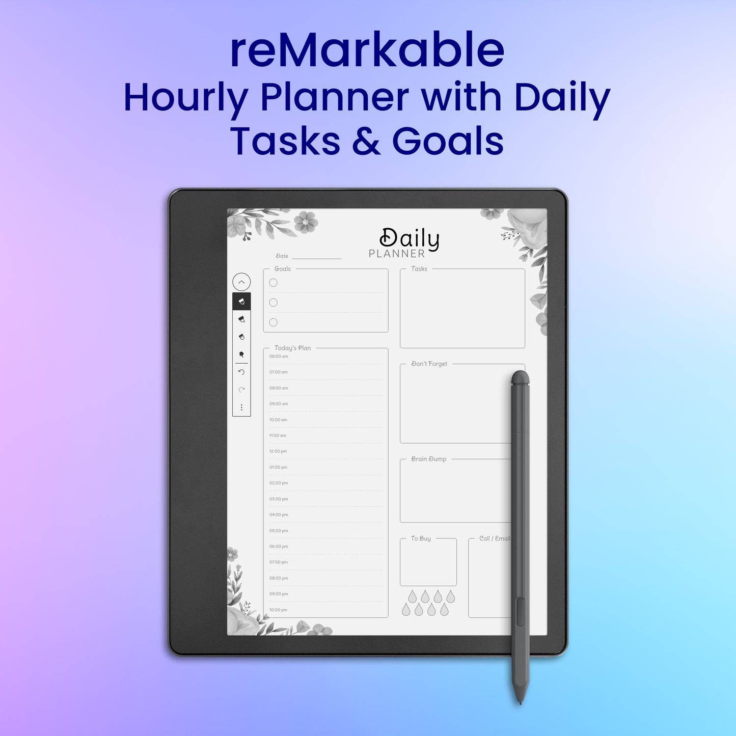 reMarkable 2 Hourly Planner with Daily Tasks & Goals Planner Template