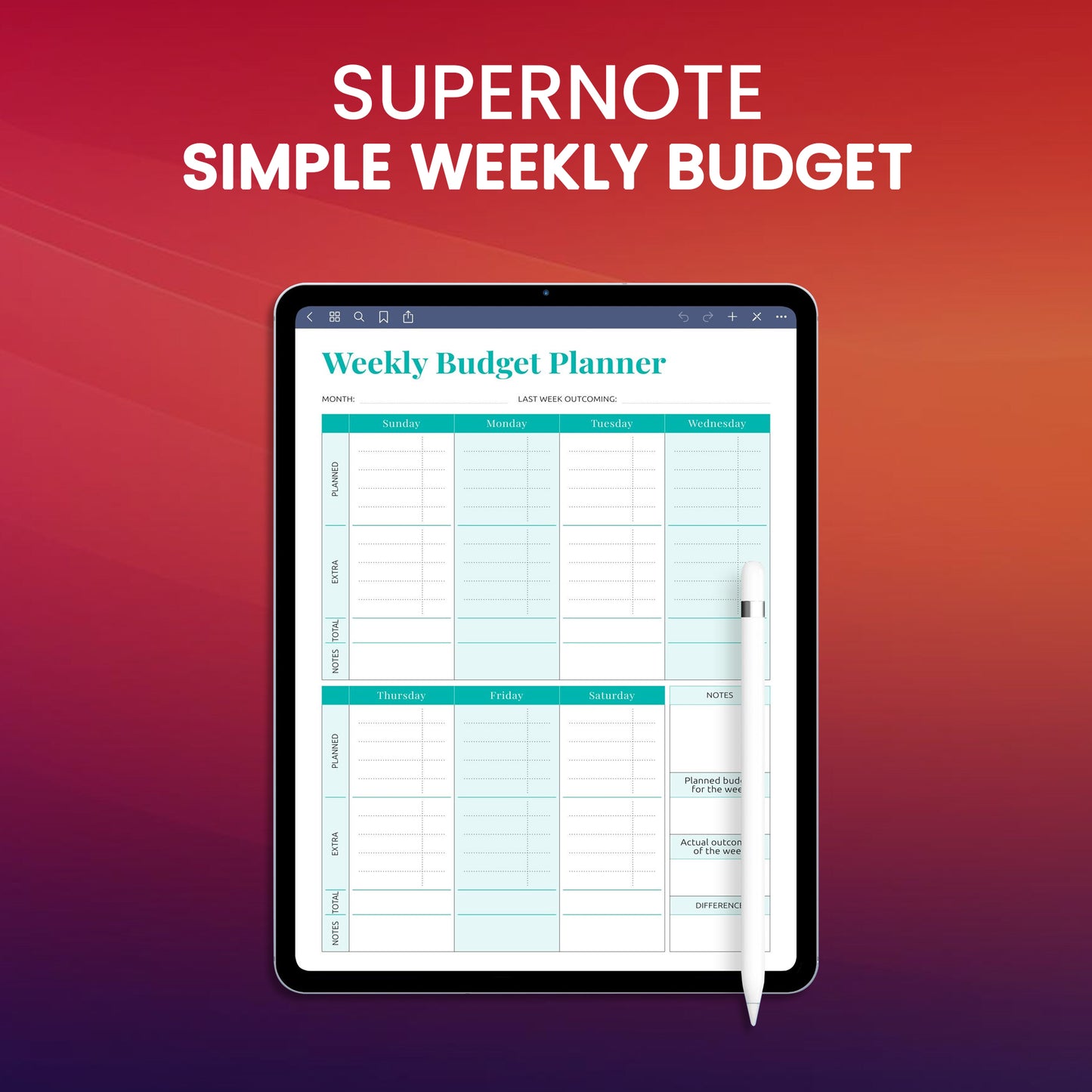 Supernote Simple Weekly Budget Template Planner Template