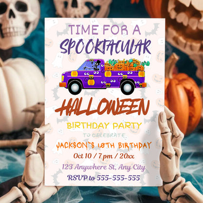 Time For A Spooktacular Halloween Truck Invitation Template - CreativeRino