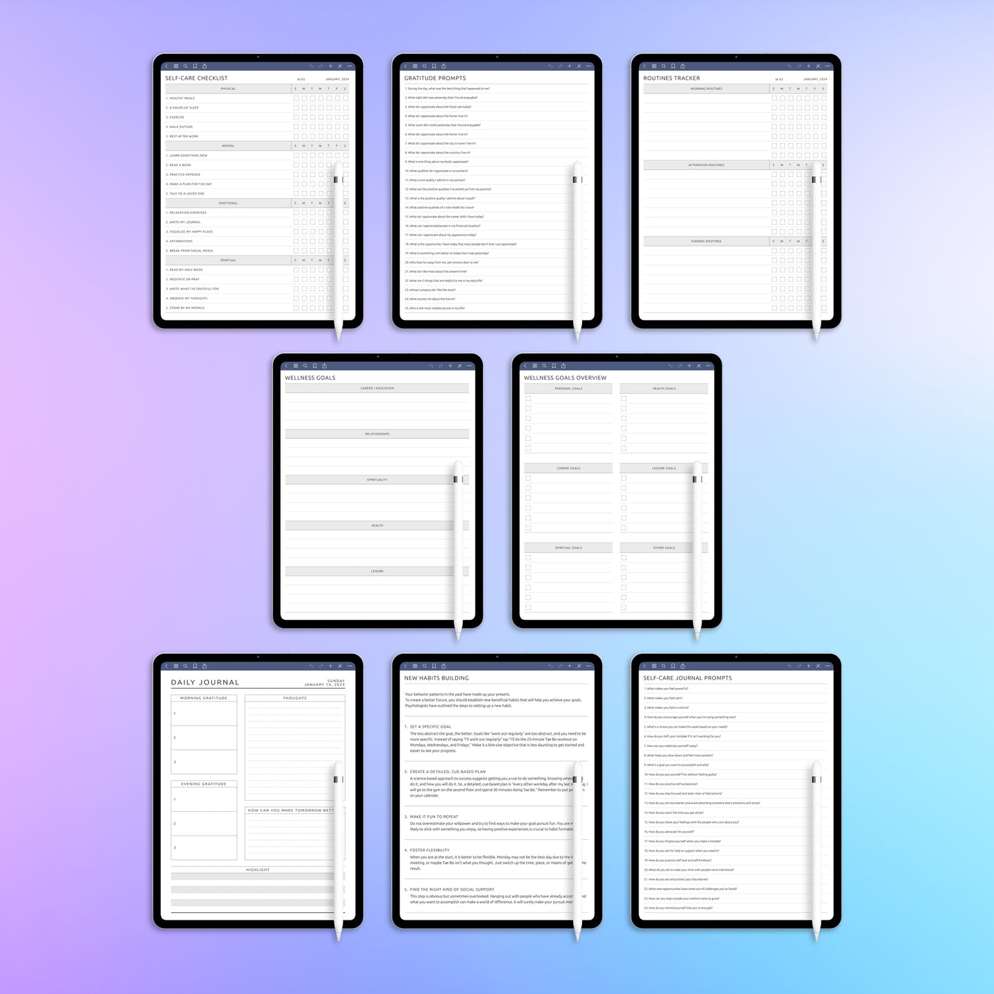 20 reMarkable 2 Wellness & Self-Care Planners Template Bundle