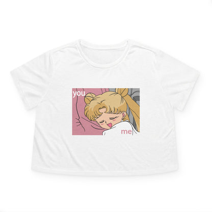 Cute Women's Flowy Cropped Tee - 'You & Me' Graphic, Sailor Moon Perfect T-shirt for Cozy Days and Casual Outings - CreativeRino