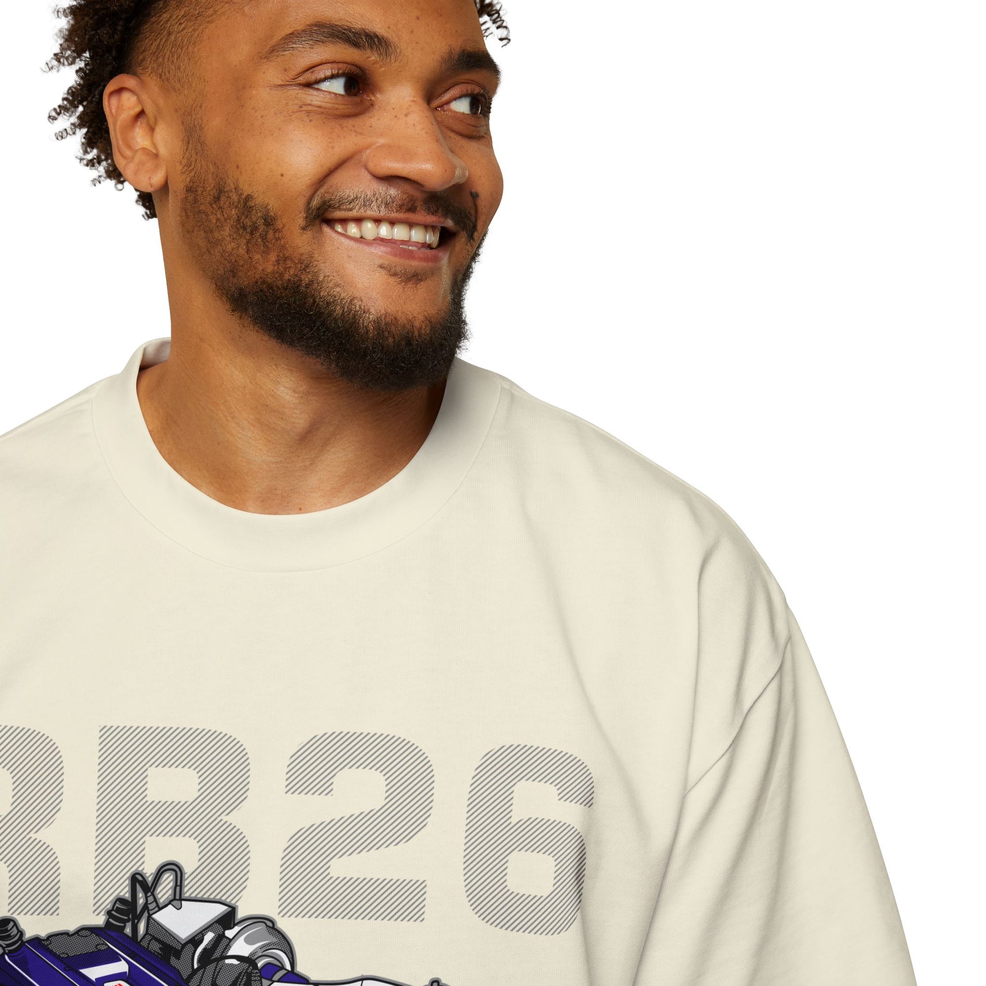 Men's Heavy Oversized Tee - RB26 DETT Engine Graphic T-Shirt for Car Enthusiasts - CreativeRino