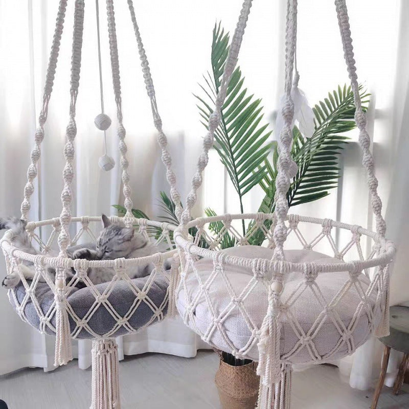 Handwoven Boho Macrame Hanging Cat Bed & Tapestry Swing Basket CreativeRino