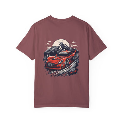 Adventure Awaits Unisex Garment-Dyed T-shirt - Red Sports Car Design - CreativeRino
