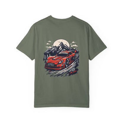 Adventure Awaits Unisex Garment-Dyed T-shirt - Red Sports Car Design - CreativeRino