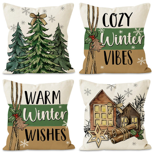 Green Christmas Tree & Snowflake Linen Pillow Cover | Festive Letter Printed Cushion Case for Holiday Decor eprolo