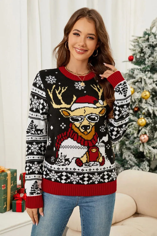 Classic Reindeer Jacquard Knit Sweater | Cozy Round Neck Pullover Top eprolo