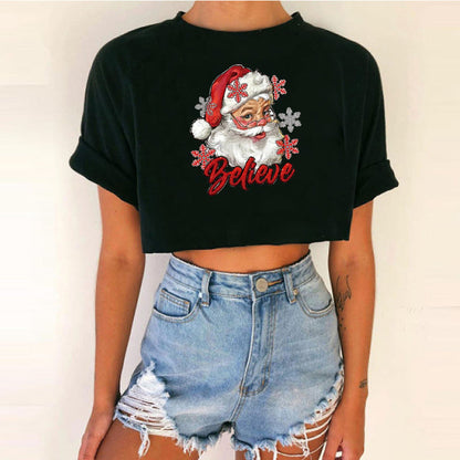 Spicy Girl Christmas Crop Top T-Shirt | INS Style Short Sleeve Round Neck | Trendy Festive Night Out Basic eprolo