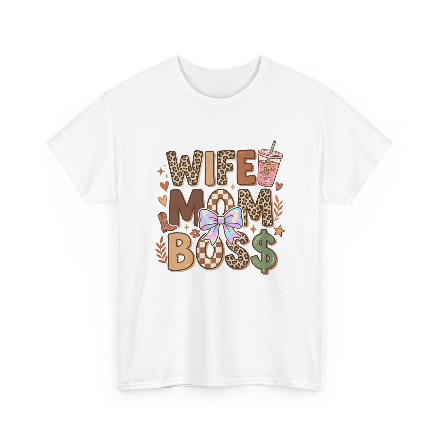 Wife Mom Boss Leopard Graphic Tee – Cute Mom Life Shirt with Bow & Coffee Printify