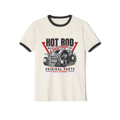 Hot Rod Garage Unisex Cotton Ringer T-Shirt - Born To Ride Vintage Tee - CreativeRino